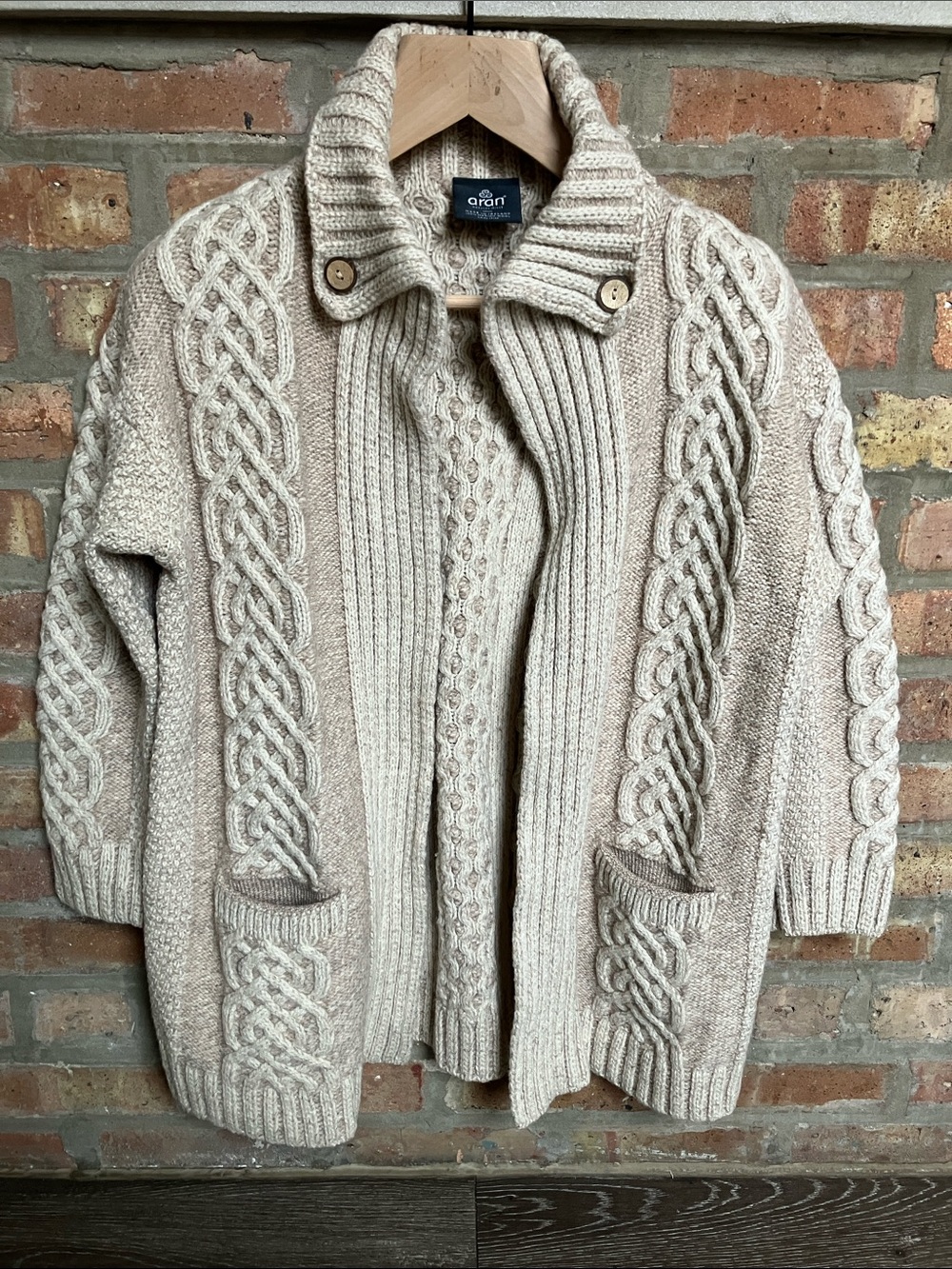 Aran Crafts Beige Cable-Knit Shawl-Collar Cardigan